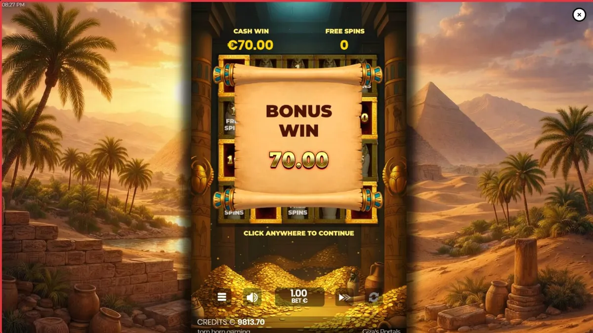 Tela de jogo do slot Giza’s Portals com símbolos de deuses egípcios e pirâmides