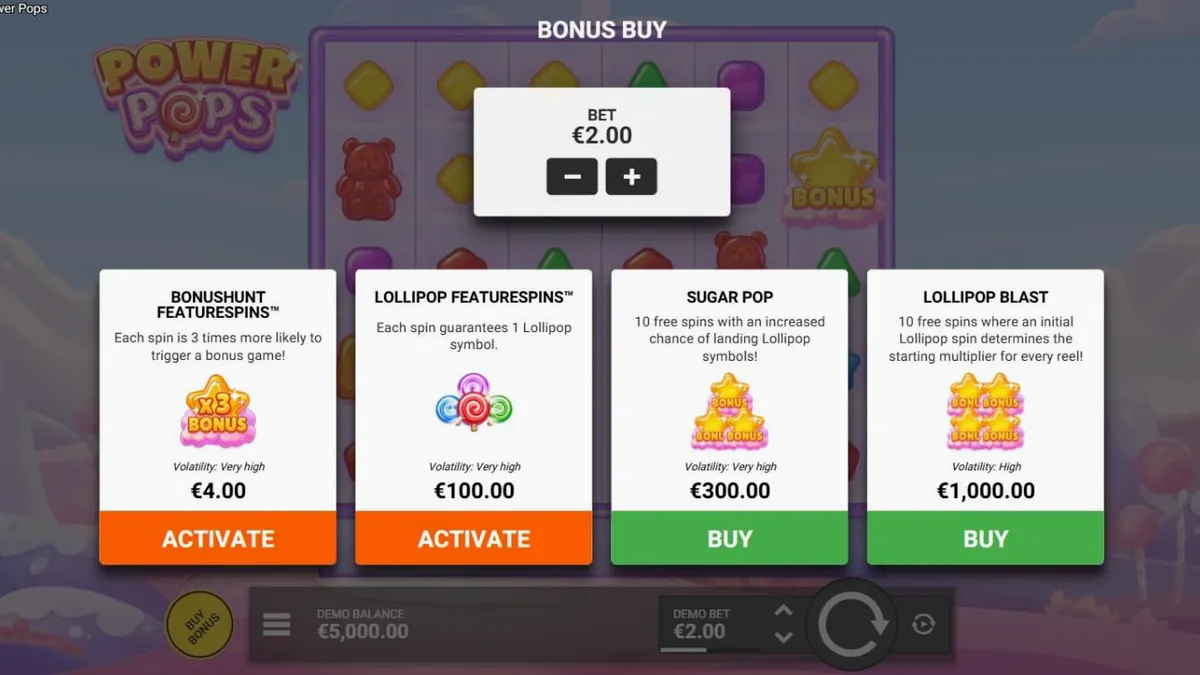 Interface colorida do slot Power Pops com doces e pirulitos